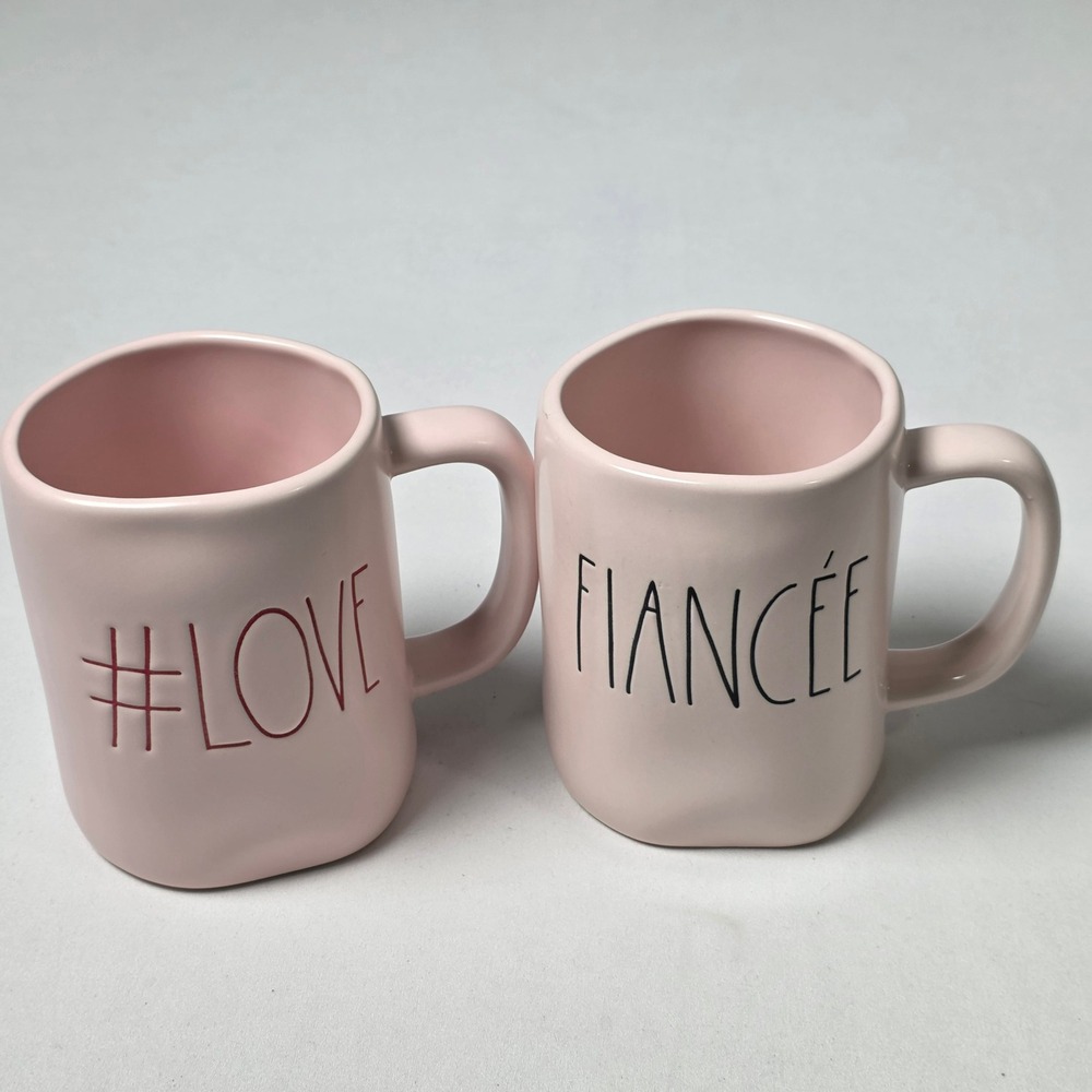 Rae Dunn Mugs Set 2 Pink #LOVE & FIANCEE Engagement Gift Ceramic Farmhouse Mugs